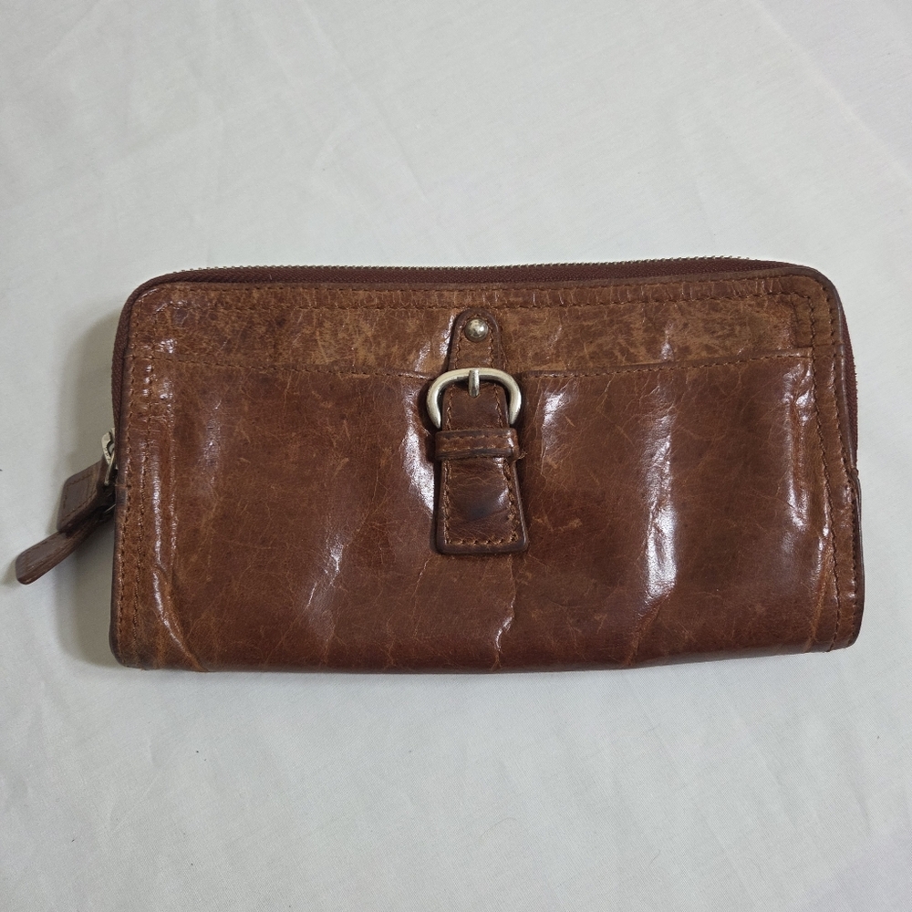 vtg tano chicklit brown distressed crinkled leather wallet clutch